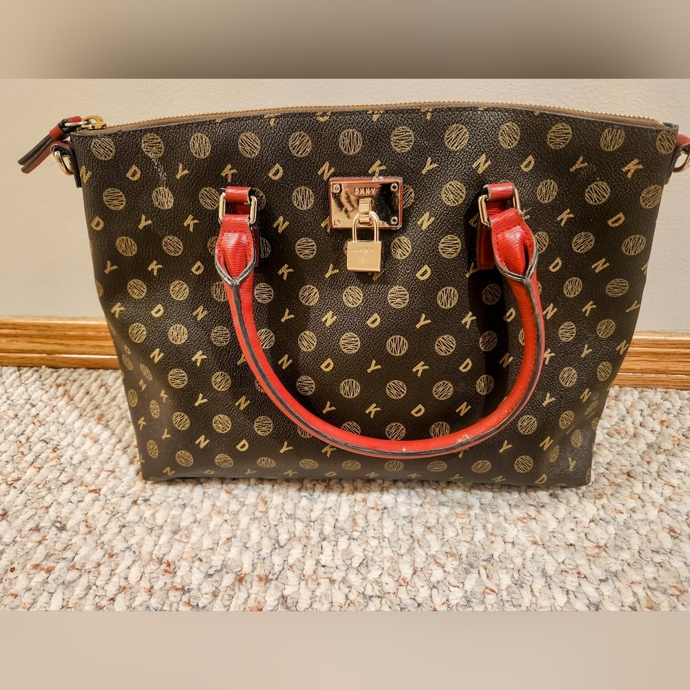DKNY Brown & Red Handbag with Gold Accents & Matching Red Shoulder Strap
